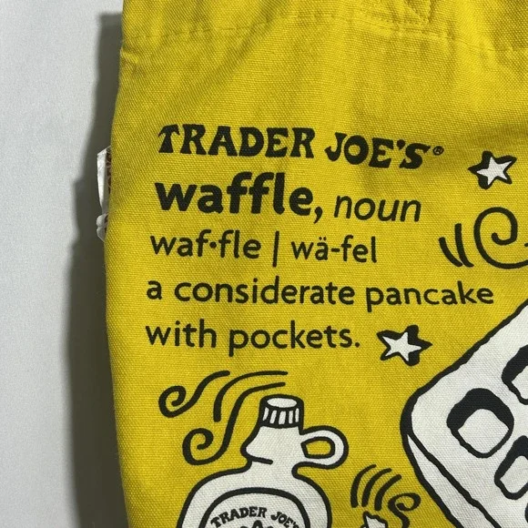 Trader Joe's Breakfast Toast Waffle Yellow Canvas Tote Bag Red Handles Grocery - Picture 4 of 10